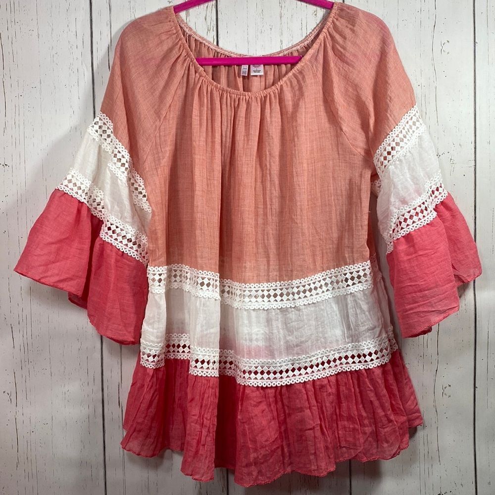 Kaktus Peach Coral Bell Sleeve Top L Boho Crochet Cottagecore Romantic Festival